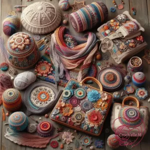 Assortiment d'objets faits au crochet, incluant accessoires et laines, aux motifs colorés