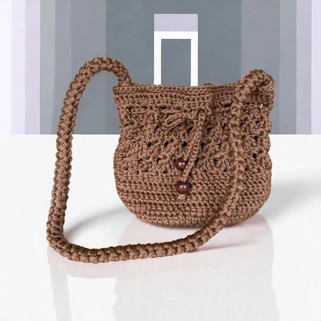mes-crations-crochellem-galerieweb (29) Sac à bandoulière en crochet marron avec motif ajouré et boutons en bois.