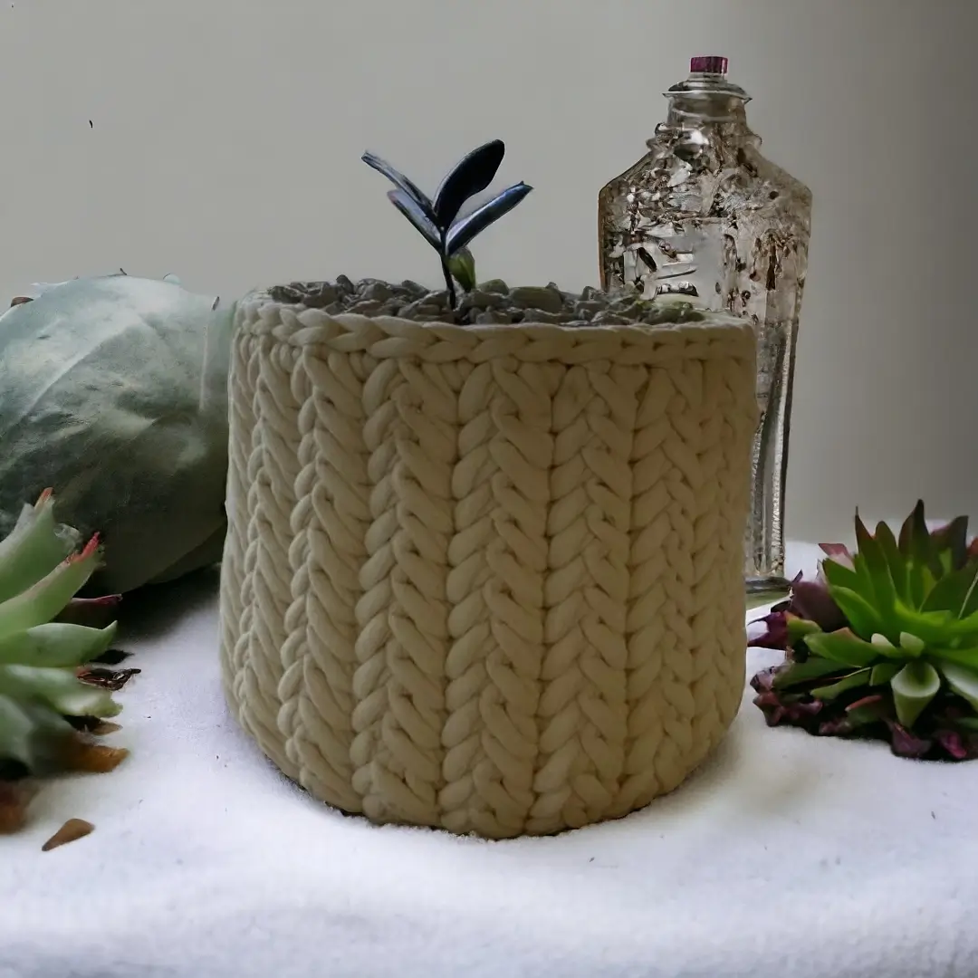 mes-crations-crochellem-galerieweb (7) Cache-pot en crochet de couleur crème avec une plante succulente, entouré d'autres plantes et d'une bouteille en verre décorative.